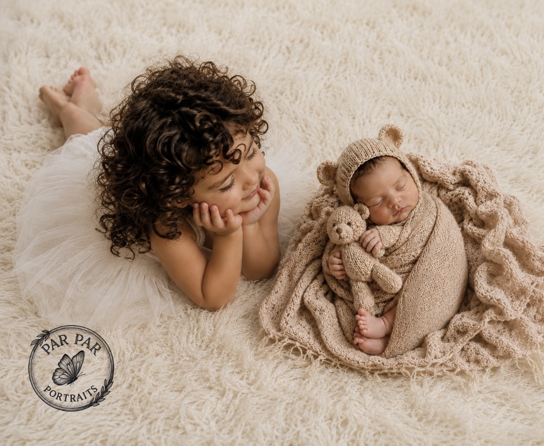 Big sister resting beside her swaddled newborn brother in a bear bonnet on a cream rug