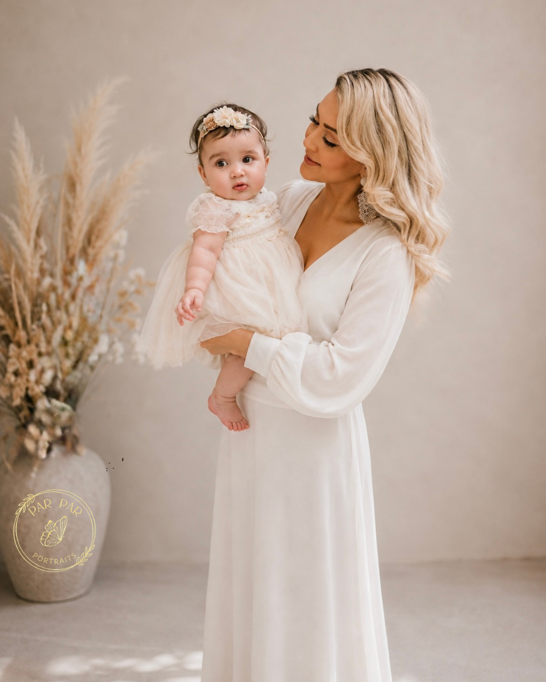 Mother in a flowing ivory gown holding her baby in a tulle dress beside dried pampas, Toronto milestone photography