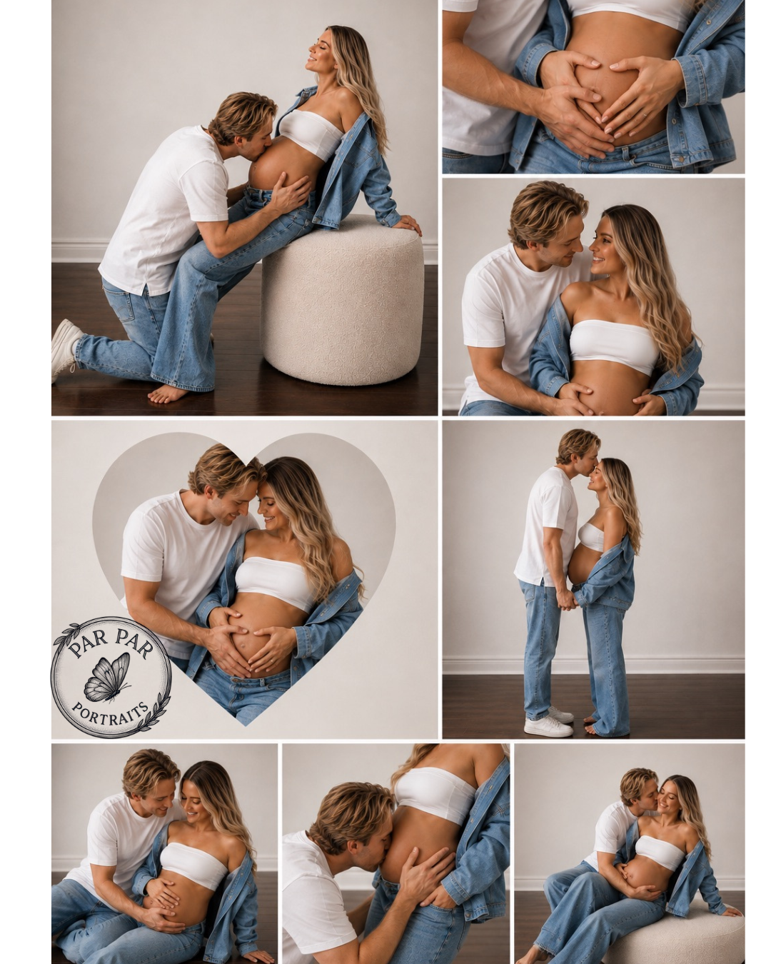 Collection of portraits of expecting parents in denim in warm studio light, Toronto family photography