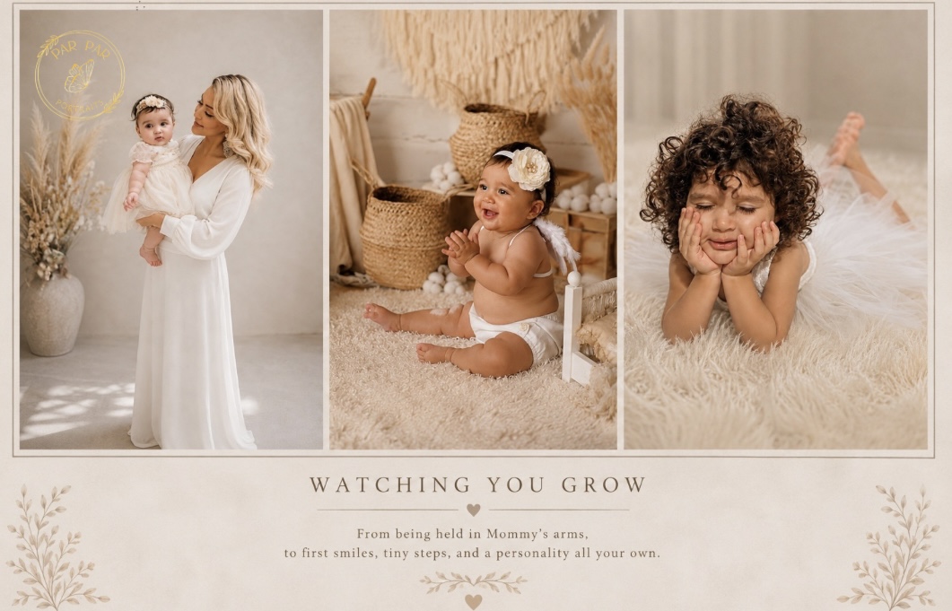 Collection of milestone portraits: mother holding her baby, a sitting baby with angel wings, and a curly haired toddler on a cream rug