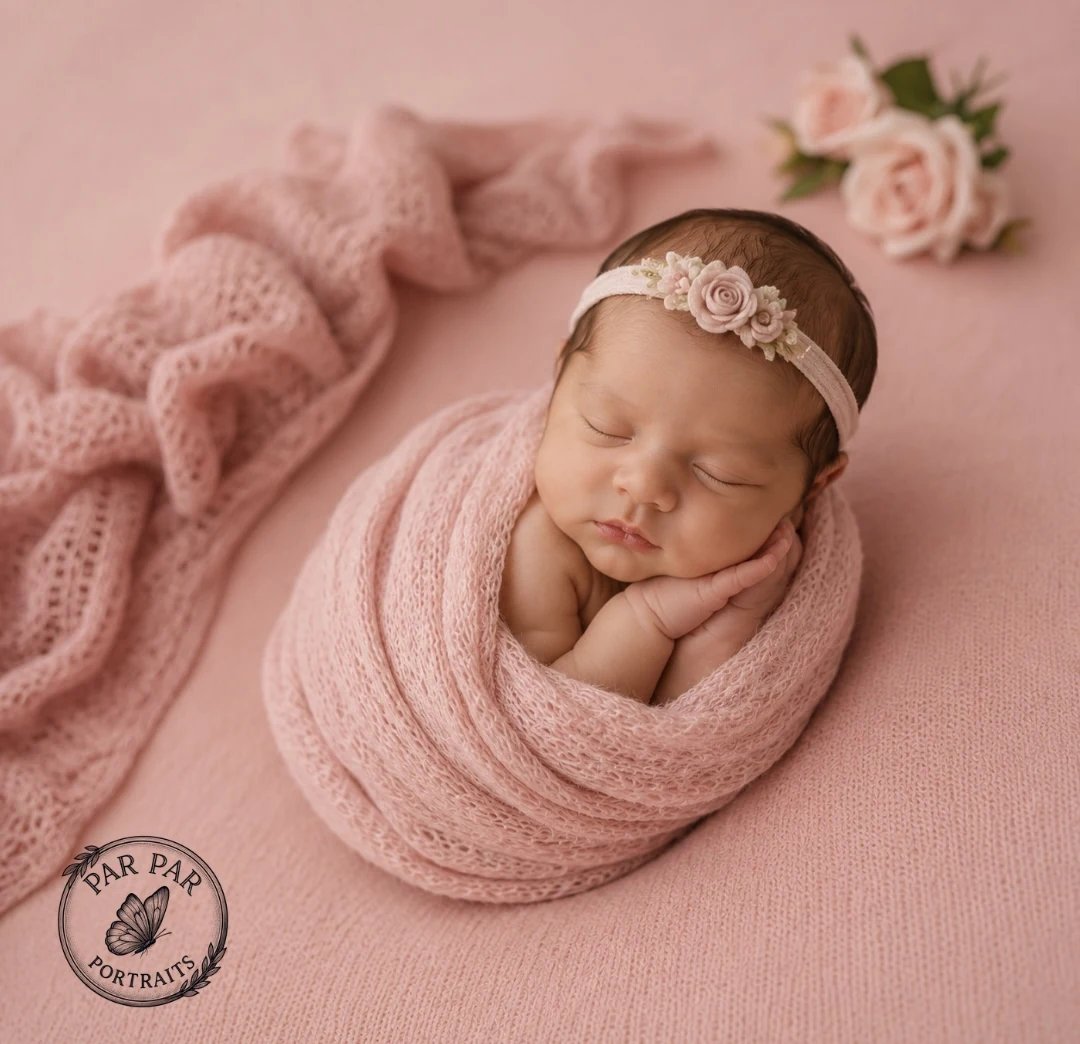 Newborn wrapped in a soft pink knit with a floral headband beside blush roses