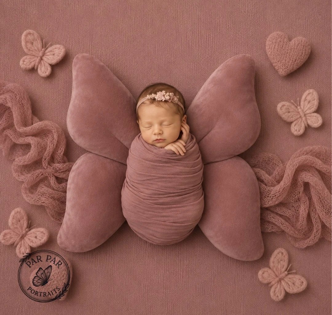 Newborn swaddled in dusty rose resting on velvet butterfly wings with knit butterflies