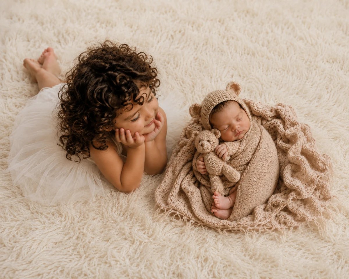 Big sister resting beside her swaddled newborn brother in a bear bonnet on a cream rug, Toronto newborn photography