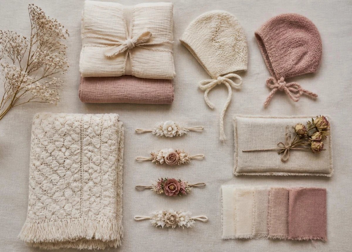 Newborn photography wraps, bonnets, headbands and blankets in cream and dusty rose tones