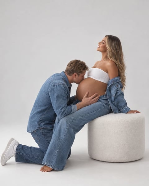 Partner kneeling to kiss the baby bump during a denim styled Toronto maternity session