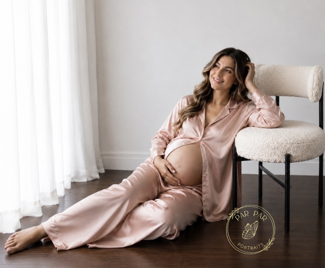 Expectant mother in blush silk pyjamas resting against a cream chair in warm window light