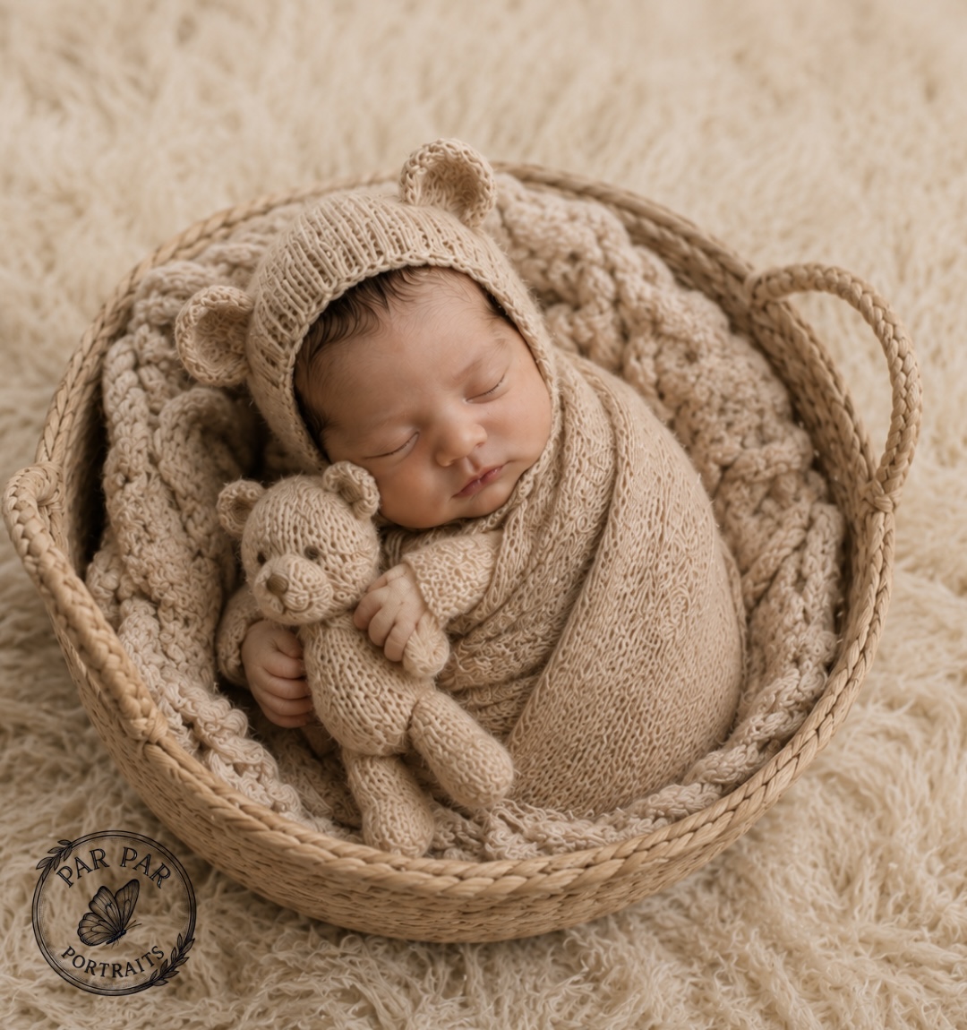 Newborn in a beige bear bonnet holding a knit teddy in a woven basket on cream flokati