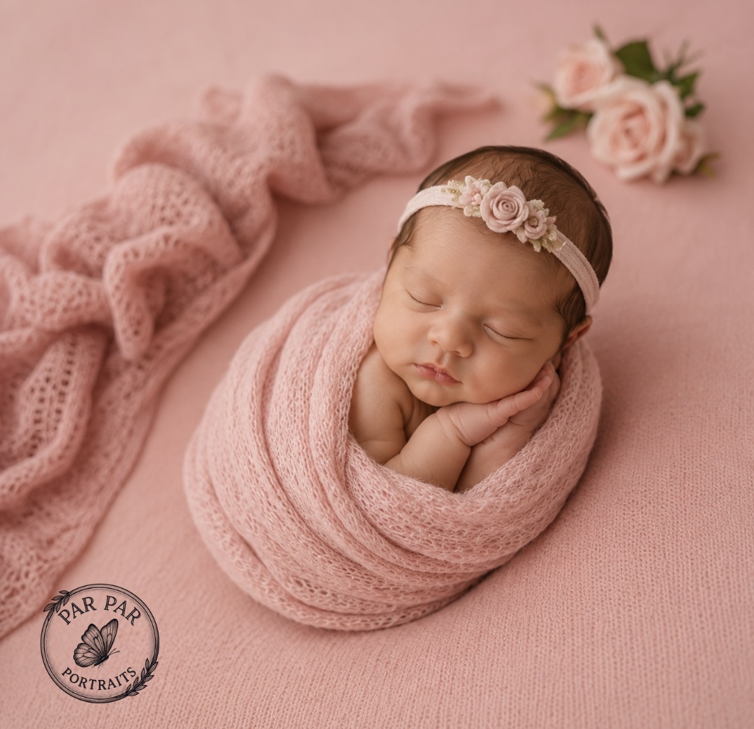 Newborn wrapped in a soft pink knit with a floral headband beside blush roses