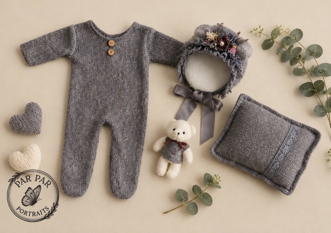 Flatlay of a grey knit newborn romper, floral bonnet, teddy, pillow and eucalyptus