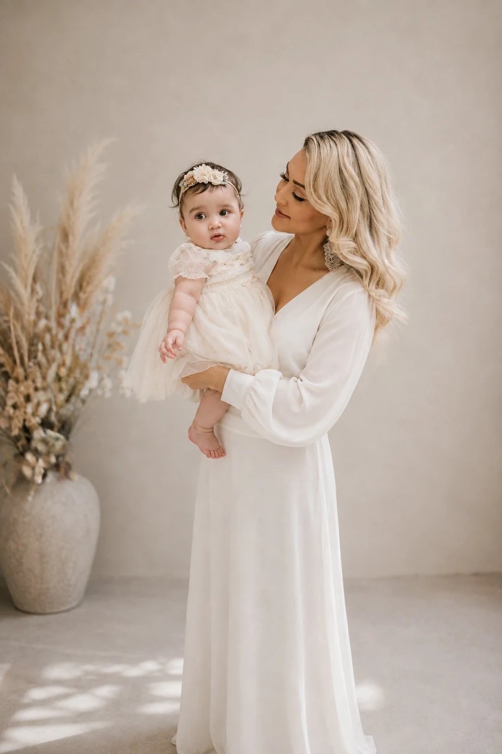 Mother in an ivory gown holding her baby girl beside dried pampas in warm studio light