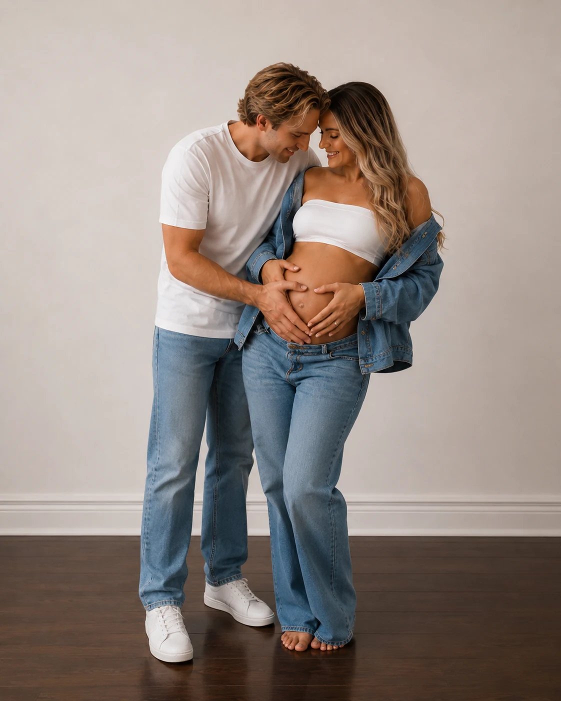 Expecting couple in denim holding the baby bump forehead to forehead, Toronto maternity photography