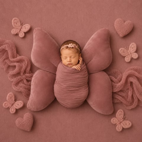 Newborn swaddled in mauve resting on velvet butterfly wings with knit hearts and butterflies
