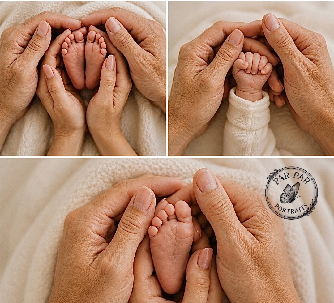 Collage of tiny newborn hands and feet cradled in parents' hands on cream knit