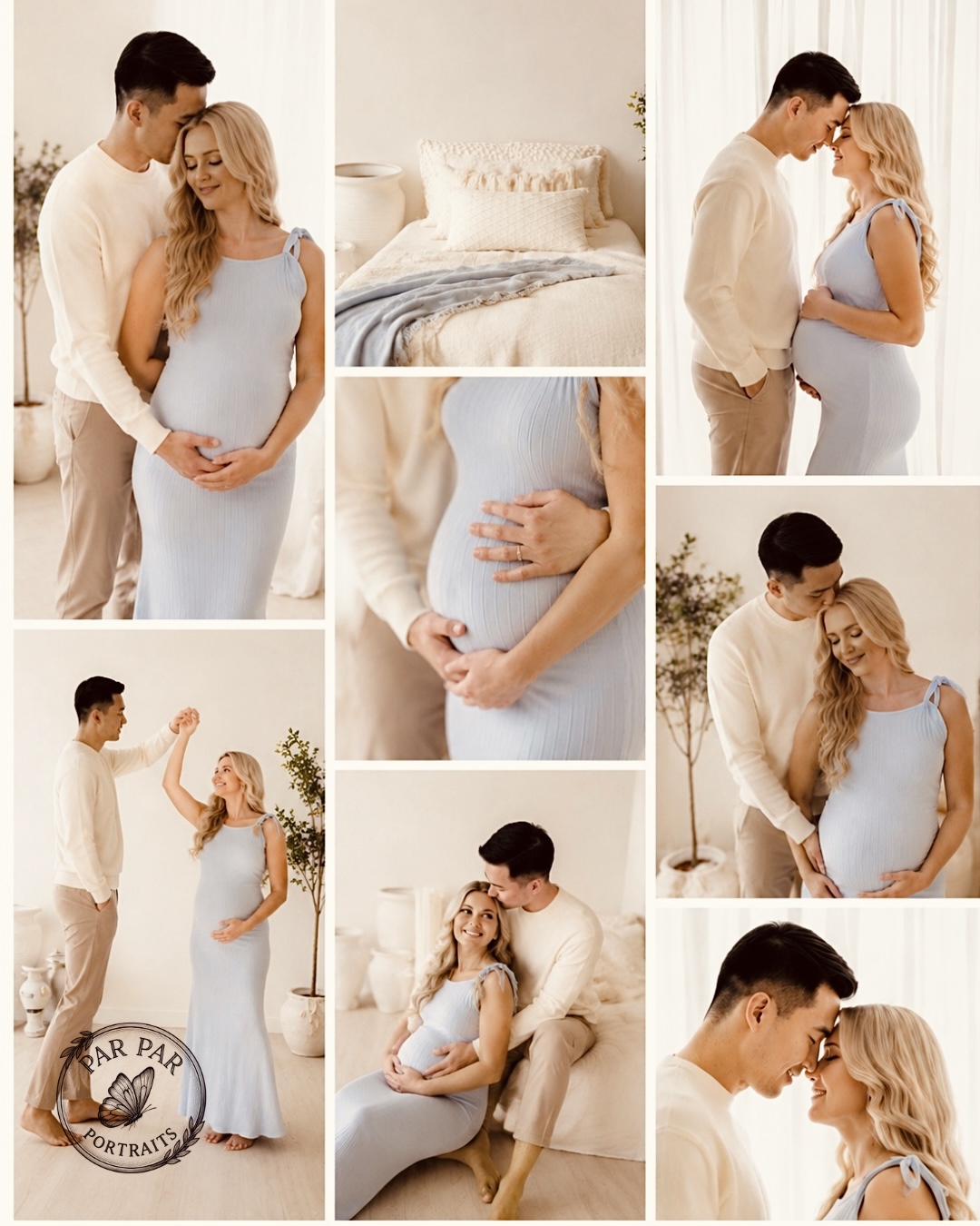 Collection of maternity portraits of a couple in soft blue and cream tones from a Toronto maternity session