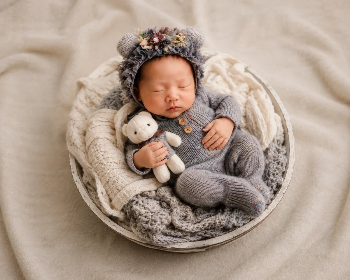 Newborn in a grey knit romper and floral bear bonnet asleep in a white bowl holding a knit teddy