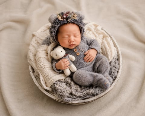 Newborn in a grey knit romper and floral bear bonnet asleep in a bowl holding a teddy