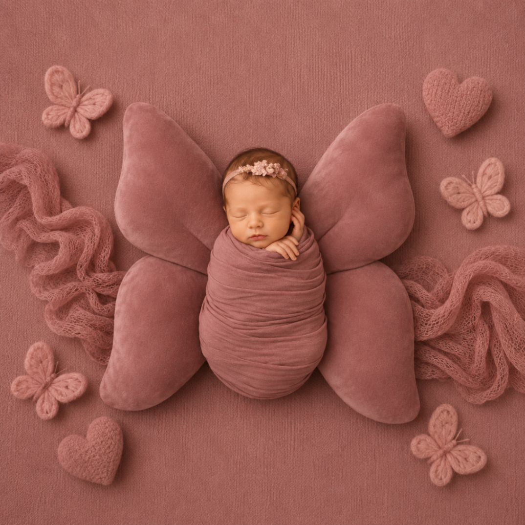 Newborn swaddled in mauve resting on velvet butterfly wings with knit hearts and butterflies