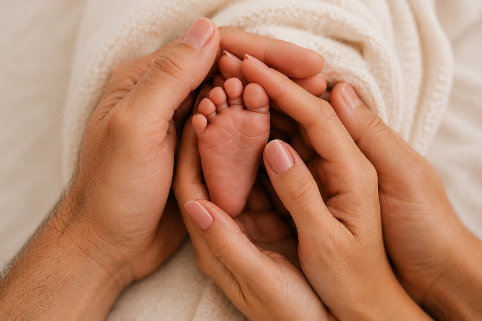 Parents' hands cradling their newborn's tiny foot on a soft cream knit blanket