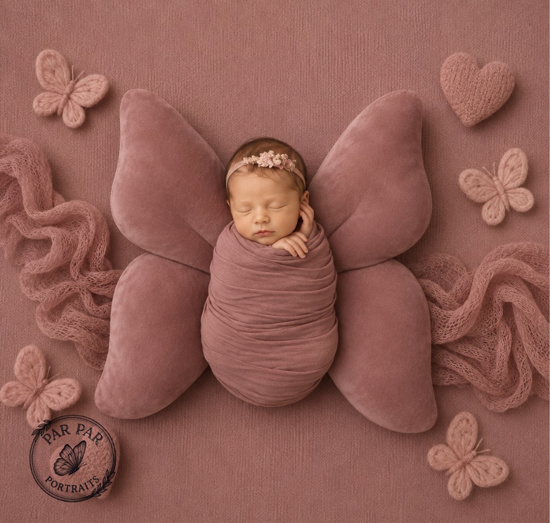 Newborn swaddled in dusty rose resting on velvet butterfly wings with knit butterflies