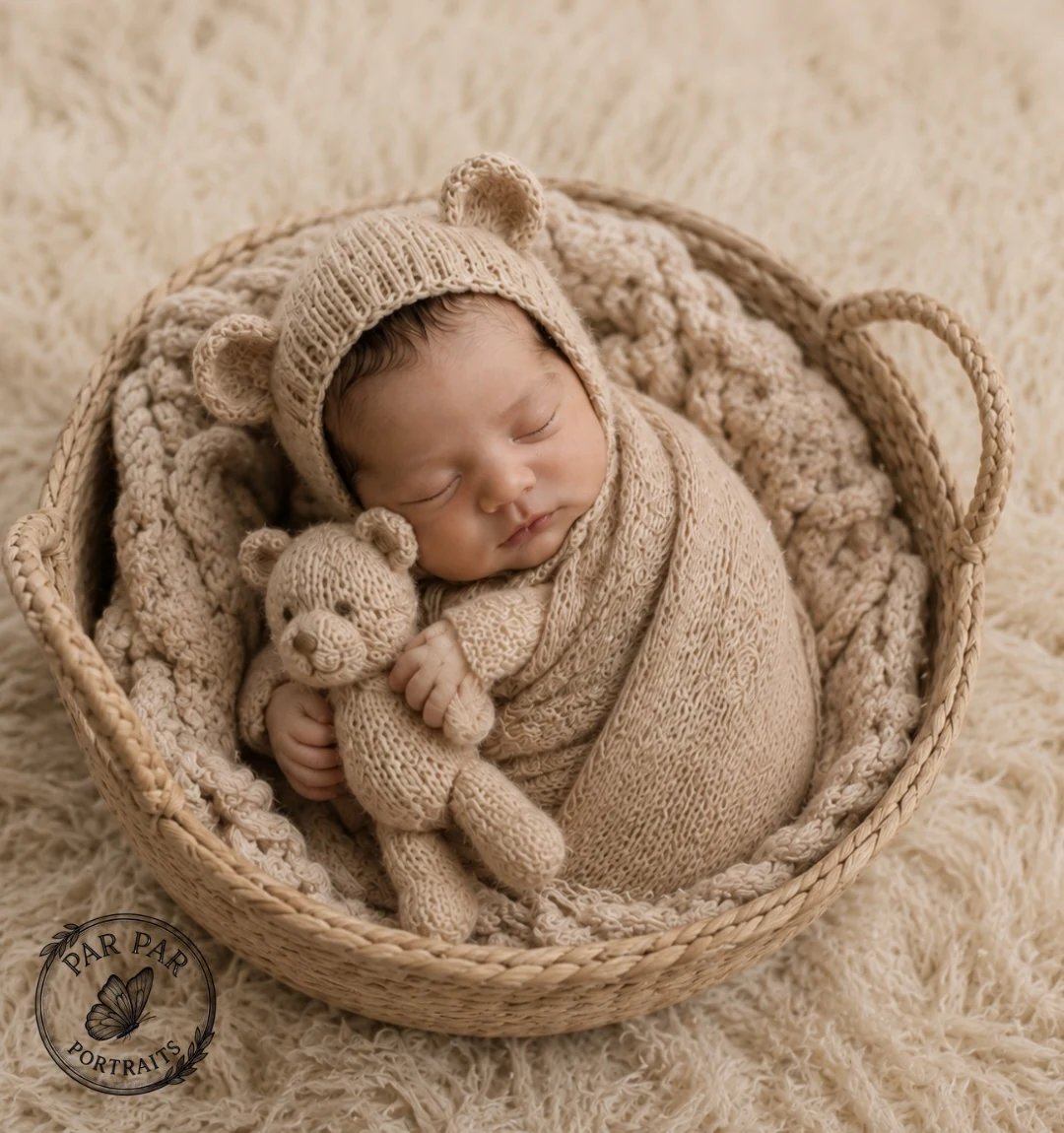 Newborn in a bear bonnet resting in a woven basket during a North York newborn photography session