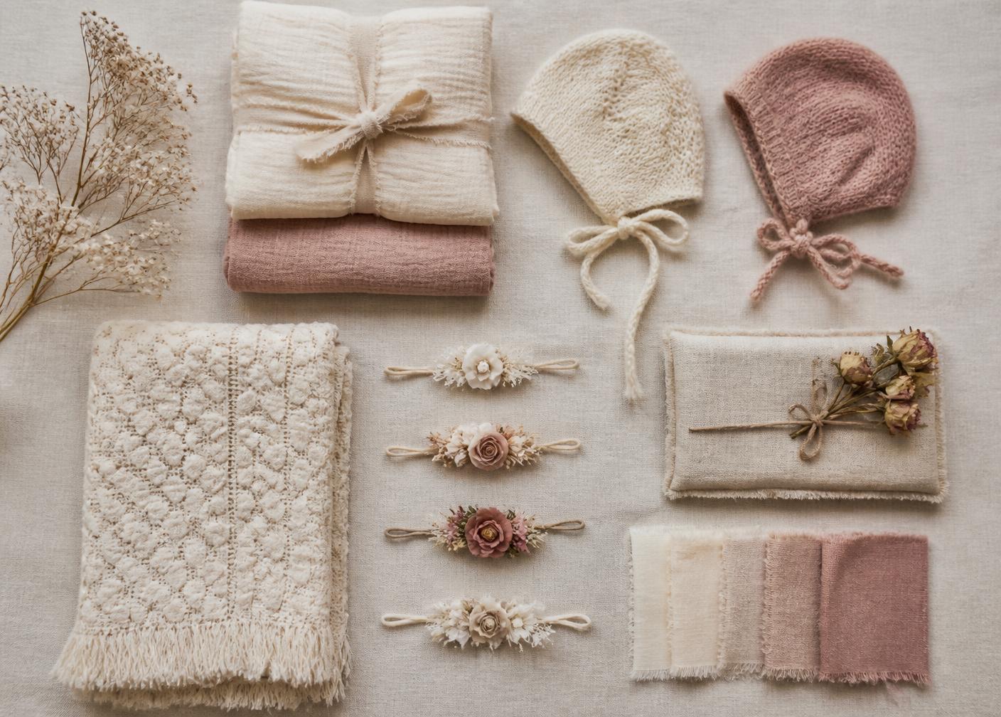 Newborn photography wraps, bonnets, headbands and blankets in cream and dusty rose tones